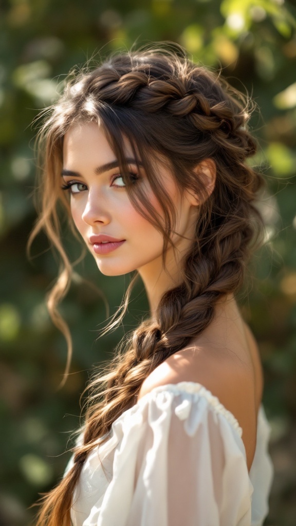 A woman with a romantic loose braid hairstyle, featuring soft waves and a delicate appearance.
