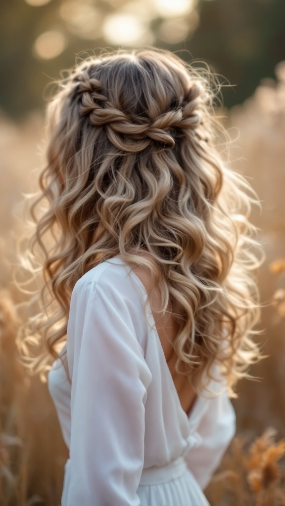 A woman with romantic loose curls and a braided hairstyle, set in a beautiful outdoor setting.