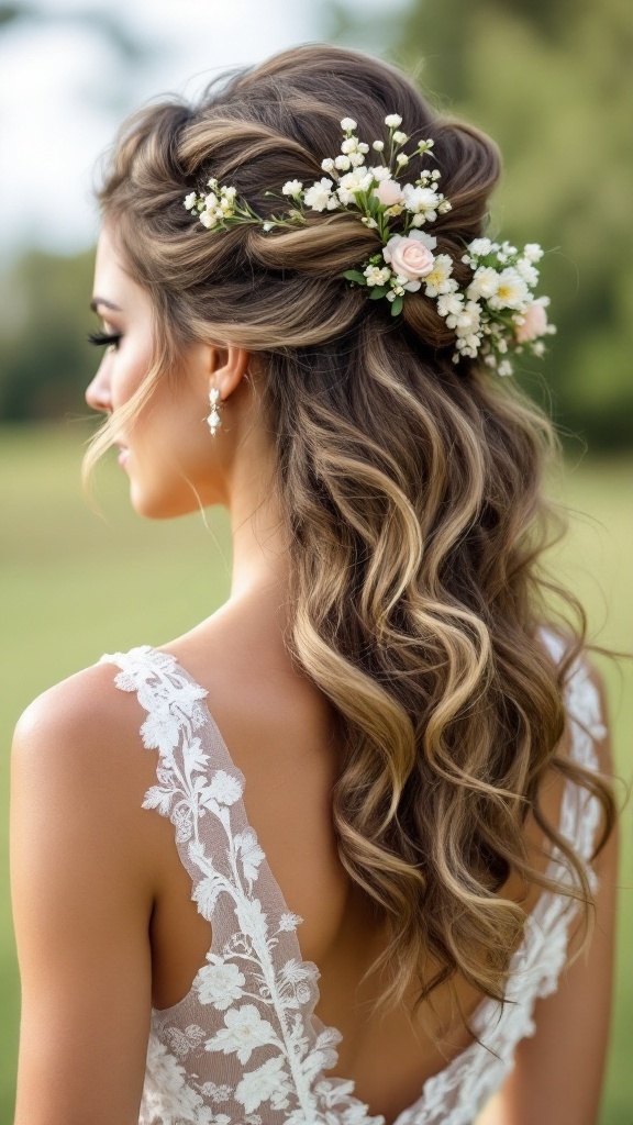 Bridesmaid hairstyle featuring loose curls adorned with flowers