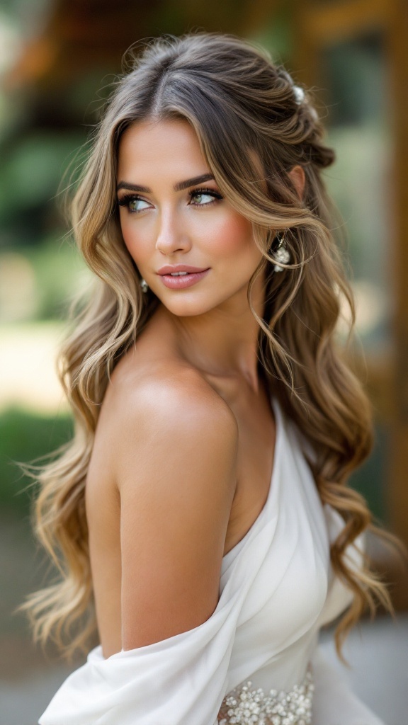 A woman with long loose waves wearing a one-shoulder dress.