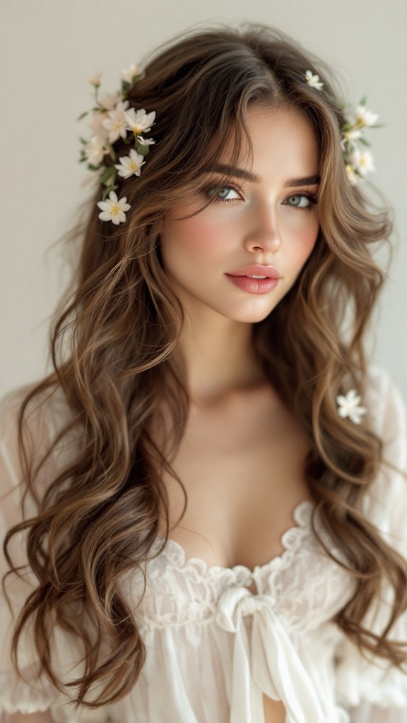 A woman with long loose waves adorned with flowers in her hair.
