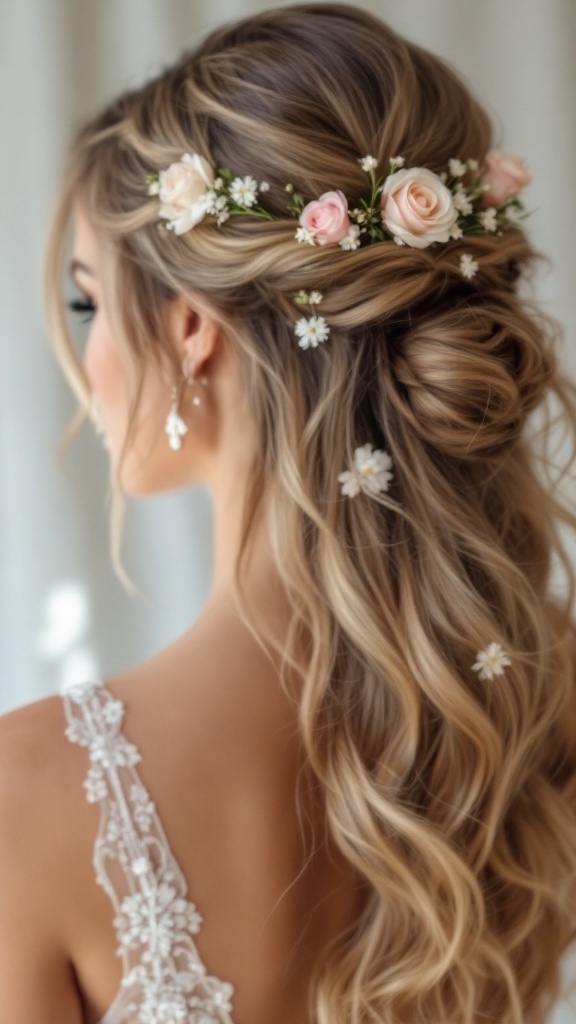 A bridesmaid with romantic loose waves hairstyle decorated with flowers.