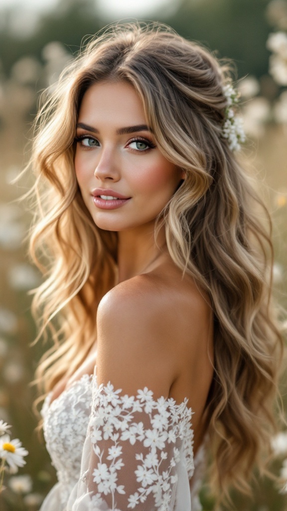 Bride with long loose waves and floral accents in her hair, wearing an off-shoulder wedding dress