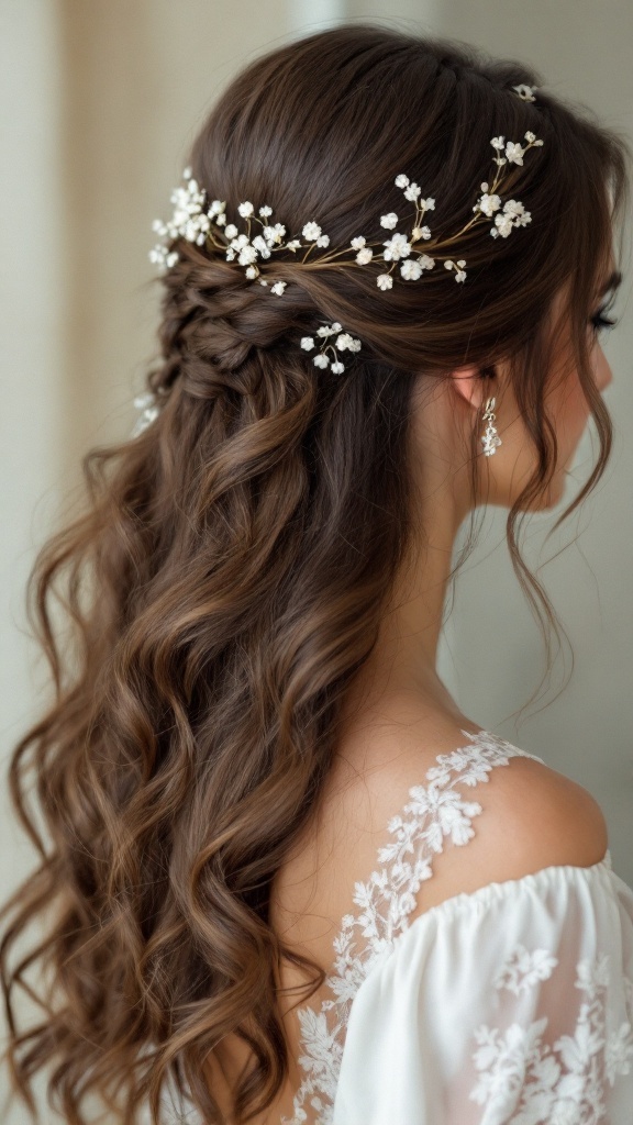A woman with loose waves hairstyle adorned with flowers, showcasing an elegant and romantic bridal look.