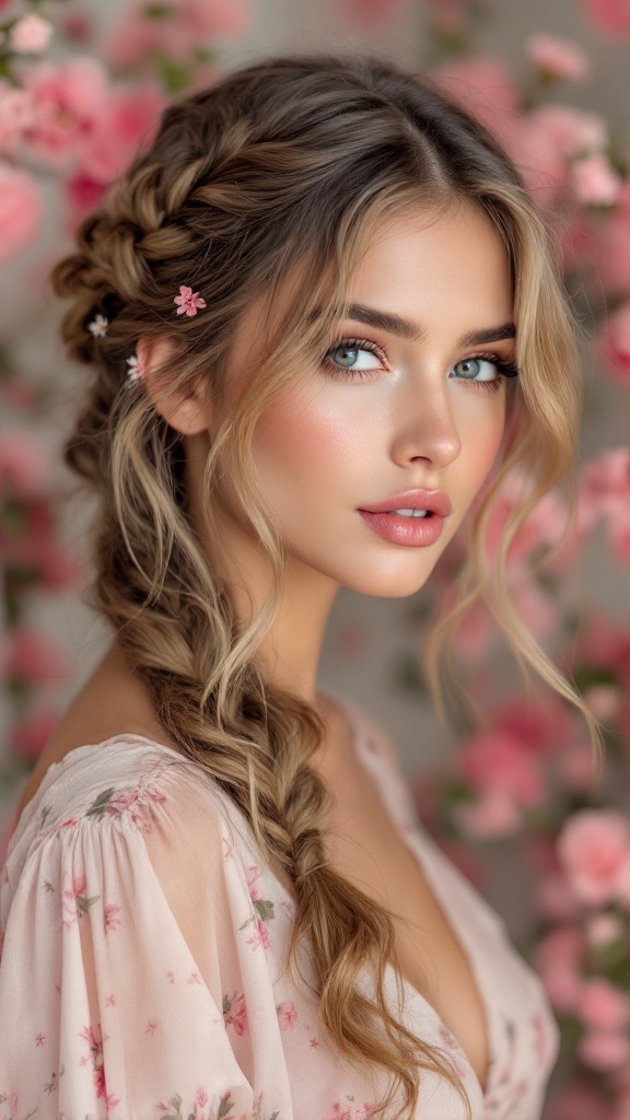 A young woman with a loose braid and flowers in her hair, surrounded by pink blossoms.