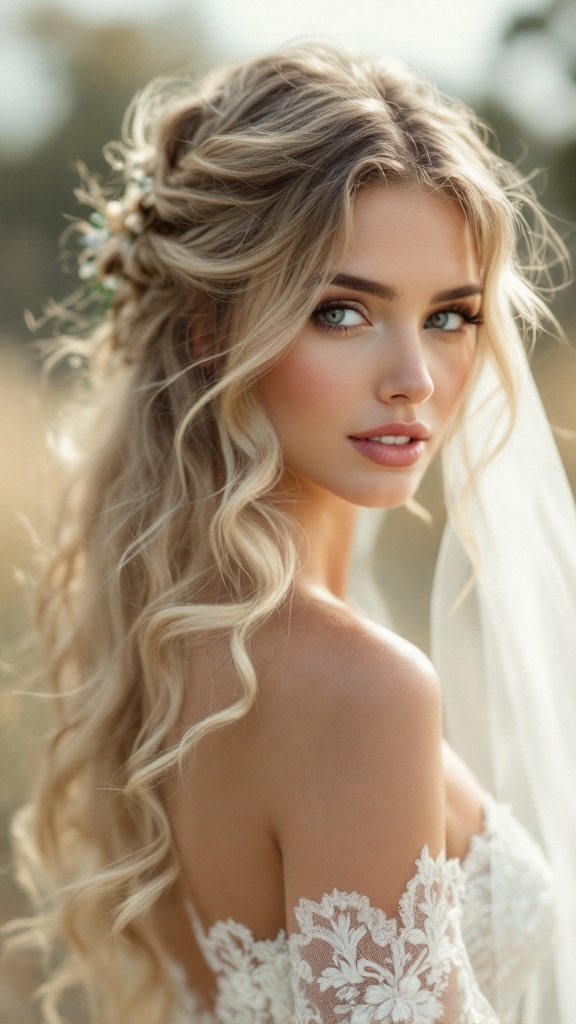 Bride with loose waves and a veil in a natural setting