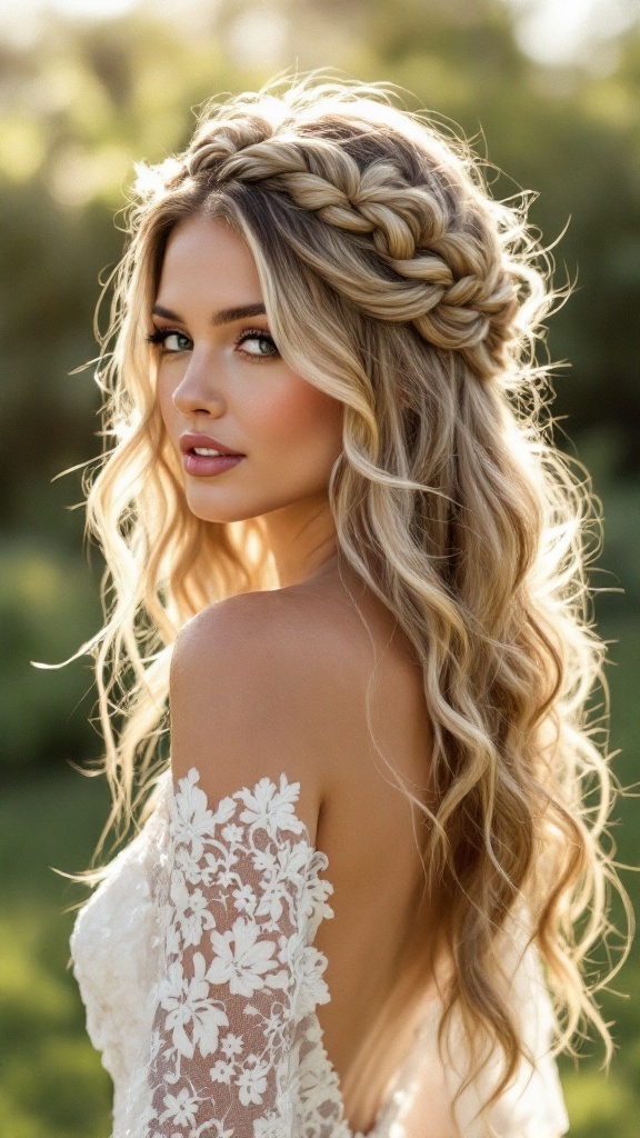 Bride with romantic loose waves and a braided crown hairstyle