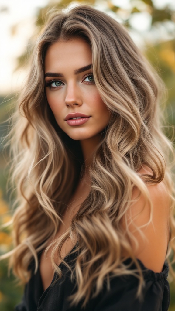 A woman with long, romantic loose waves styled with a side part, showcasing a soft and elegant hairstyle.