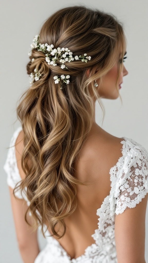 A bride with romantic loose waves and a side part, adorned with small white flowers.