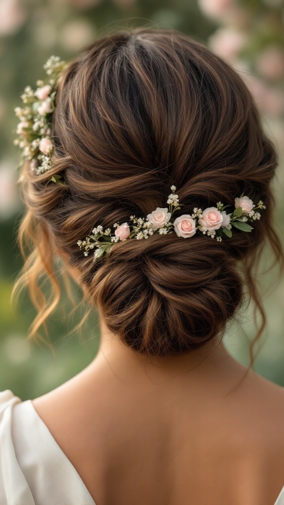 A romantic low bun hairstyle adorned with a flower crown, featuring soft pink roses and delicate white flowers.