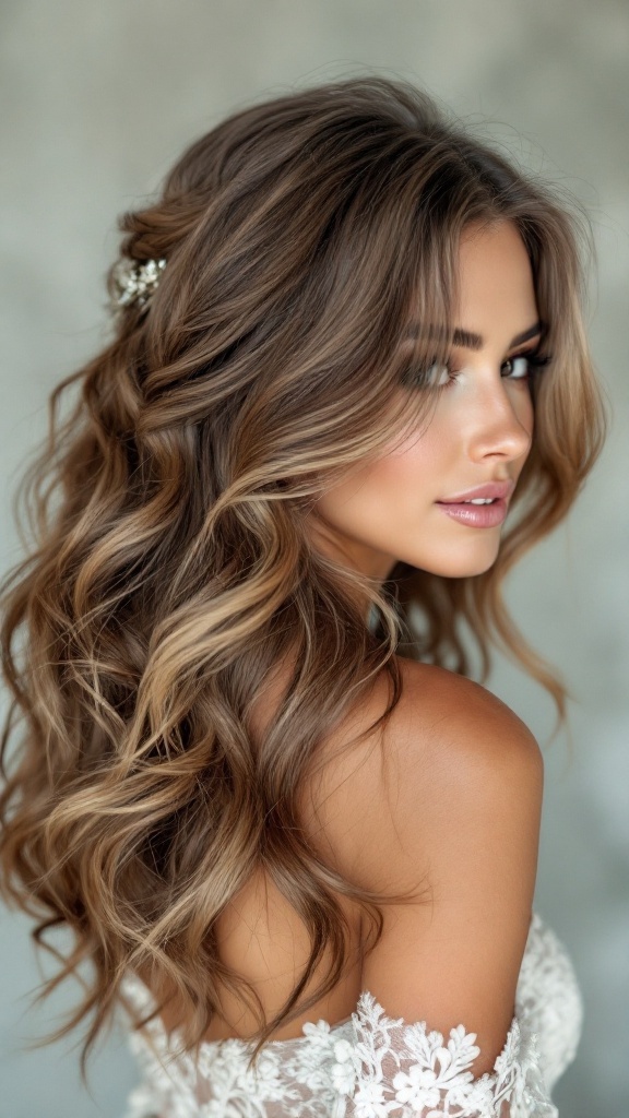 A woman with medium-length hair styled in romantic side-swept curls, adorned with a hair accessory, showcasing a sophisticated look.