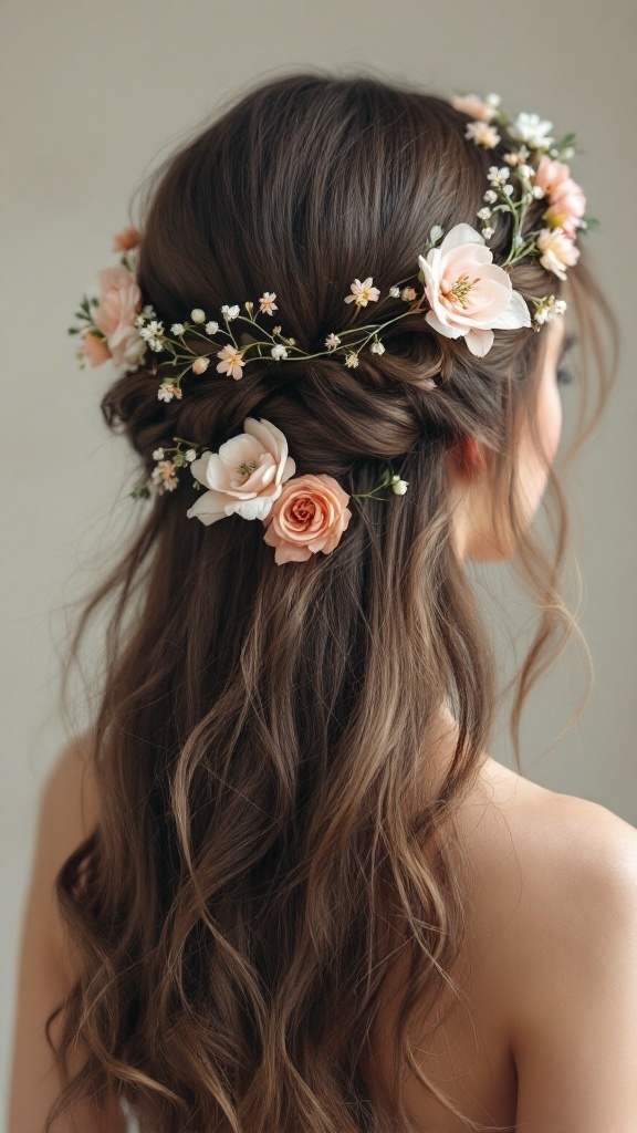 A woman with a romantic twisted half crown hairstyle adorned with flowers.