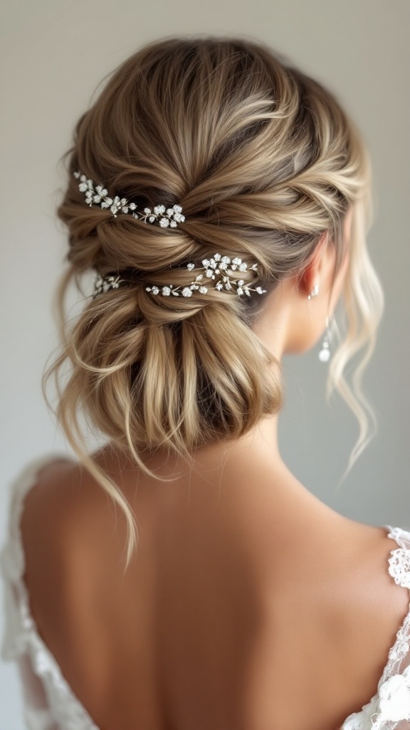A romantic half up half down hairstyle with twisted sections and floral hairpins.