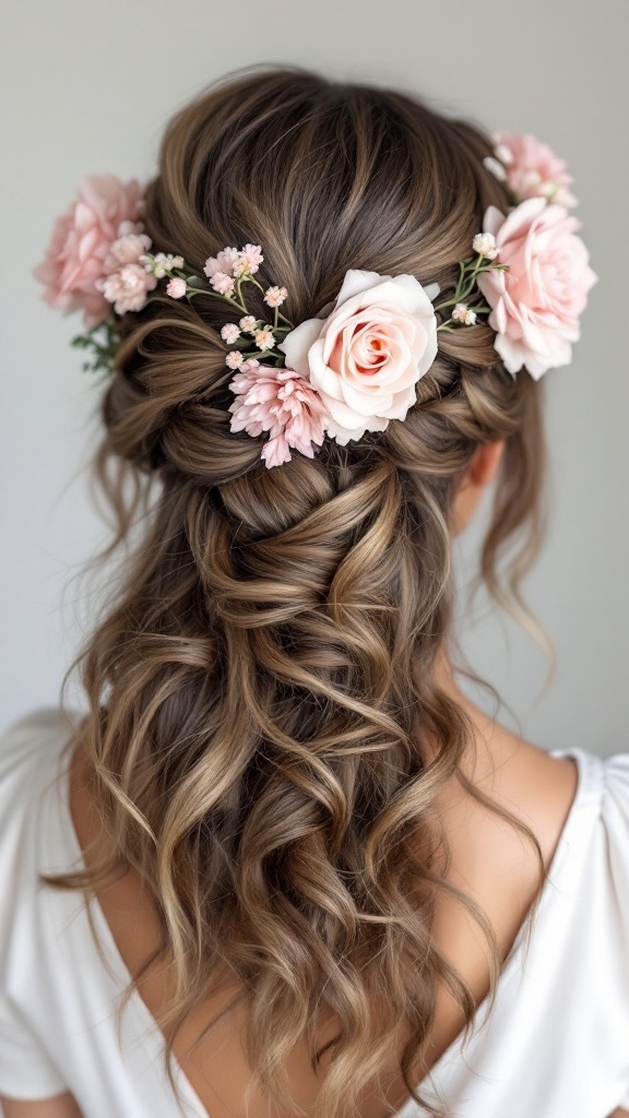 A romantic twisted half updo hairstyle featuring soft curls and pink flowers.