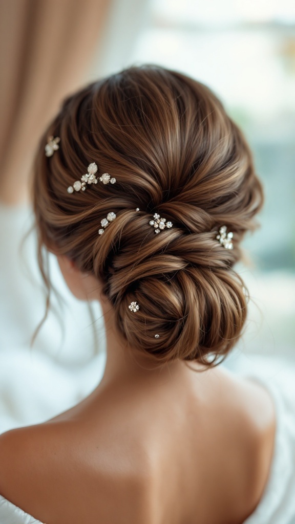 A romantic twisted low bun hairstyle adorned with delicate hairpins.