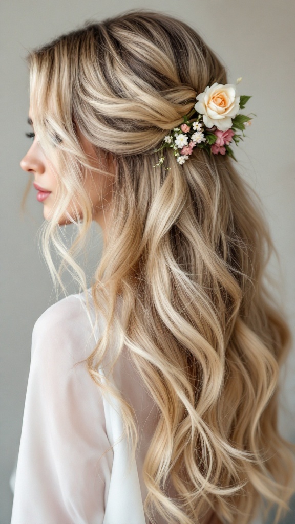 A side profile of a woman with long, wavy hair styled half-up with floral accents.