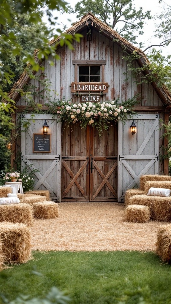 A rustic barn with floral decorations and straw seating for a bridal shower.