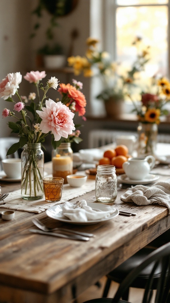 A rustic farmhouse table set for a bridal shower brunch, featuring flowers, drinks, and plates.