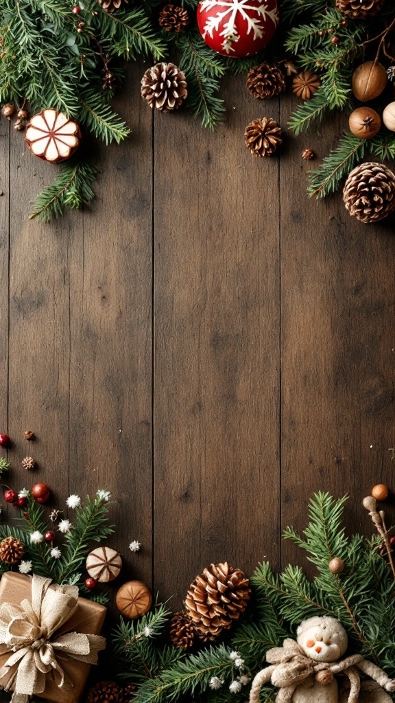 Decorative winter elements including pine cones, ornaments, and greenery on a wooden surface, creating a rustic holiday vibe.