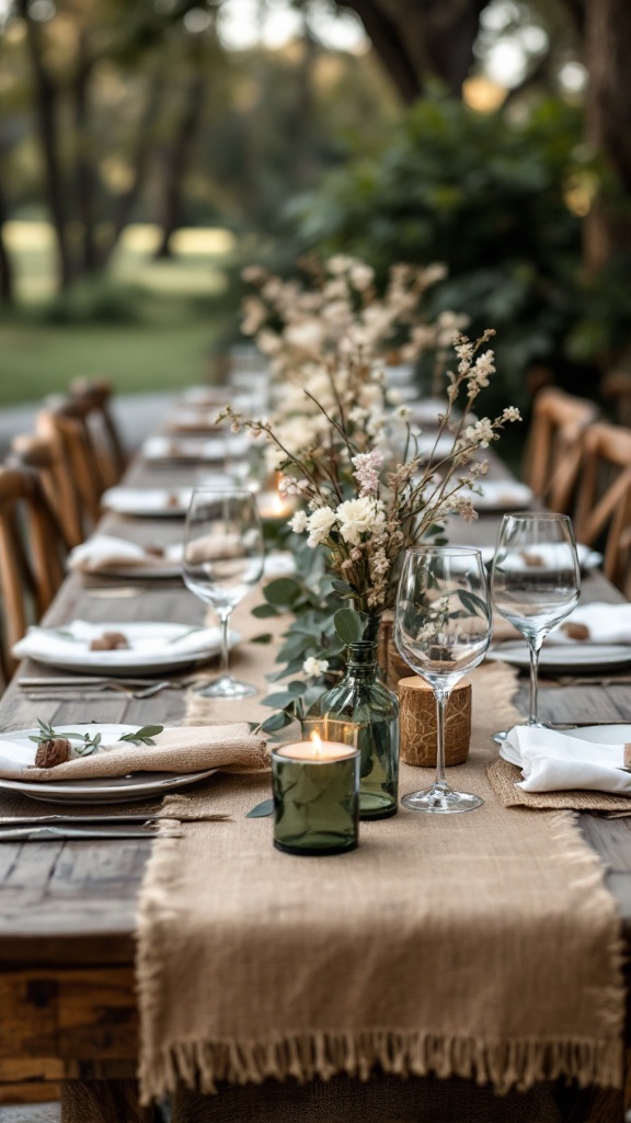 A rustic table setting for a garden wedding featuring natural elements, flowers, and candles.