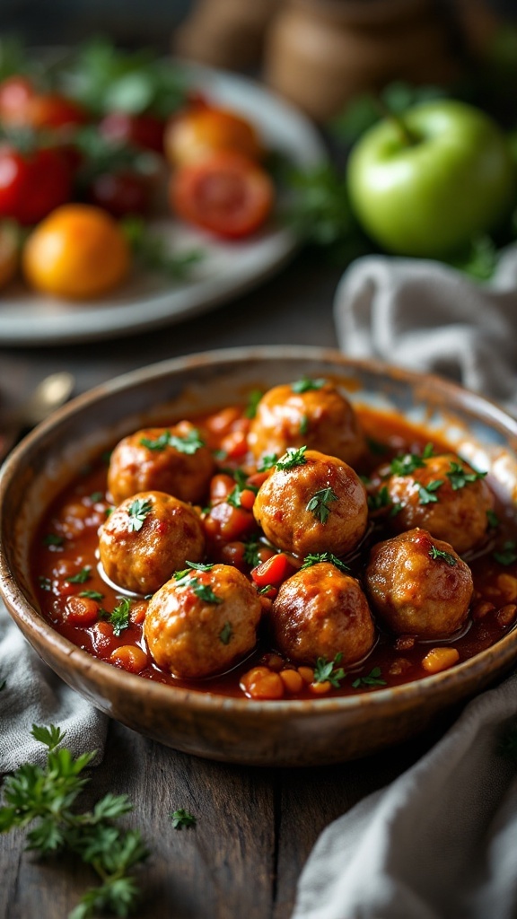 A bowl of savory meatballs in sweet sauce garnished with herbs, with a side of colorful vegetables.
