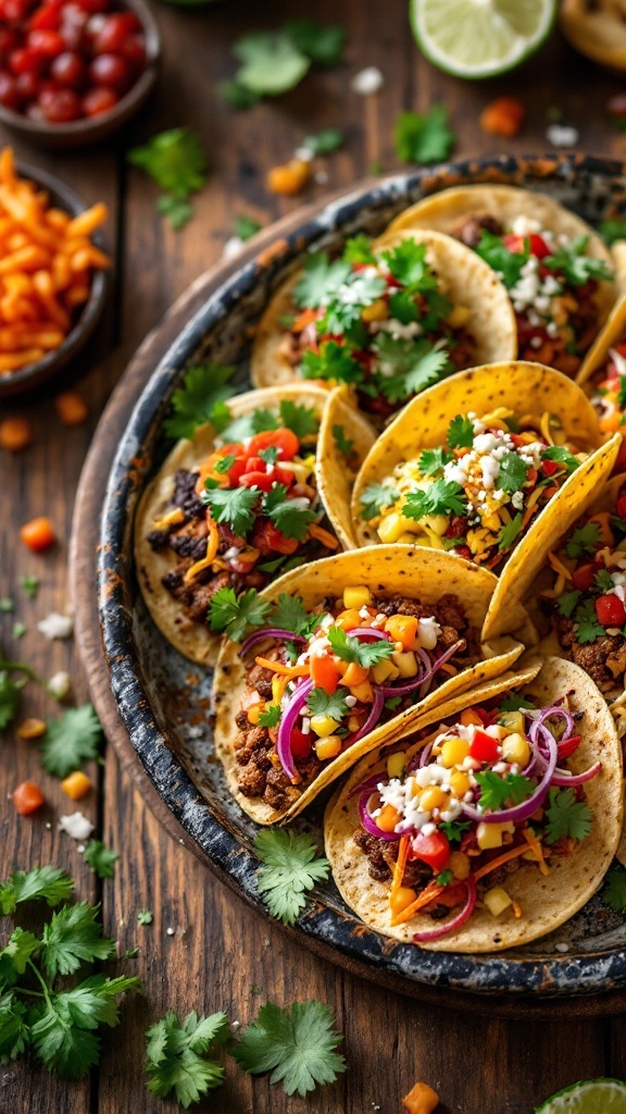 A platter of miniature tacos filled with various toppings and garnishes.