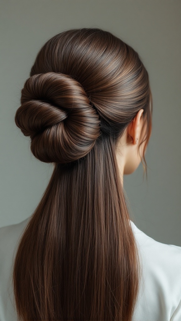 A sculptural chignon hairstyle showcasing a smooth, elegant bun on long hair.