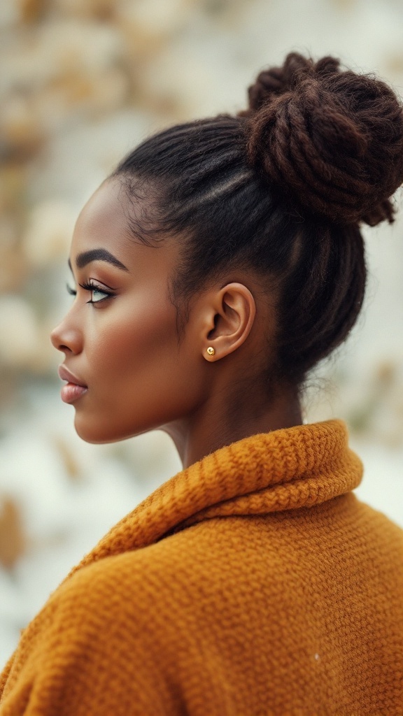 A woman with space buns hairstyle and a mustard-colored coat, showcasing a stylish look suitable for cooler weather.