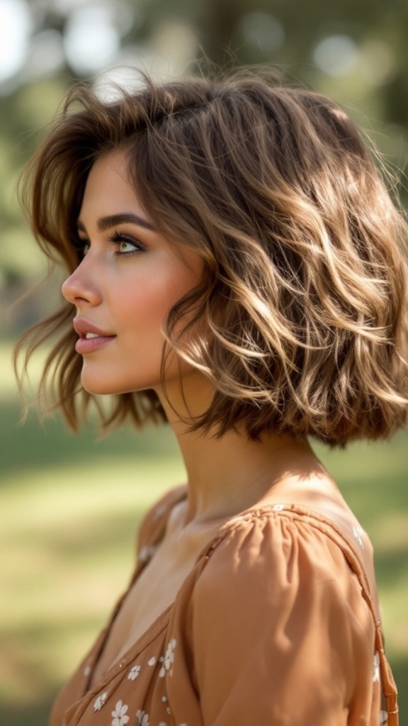 A woman with a shaggy bob hairstyle, featuring soft waves, smiling outdoors.