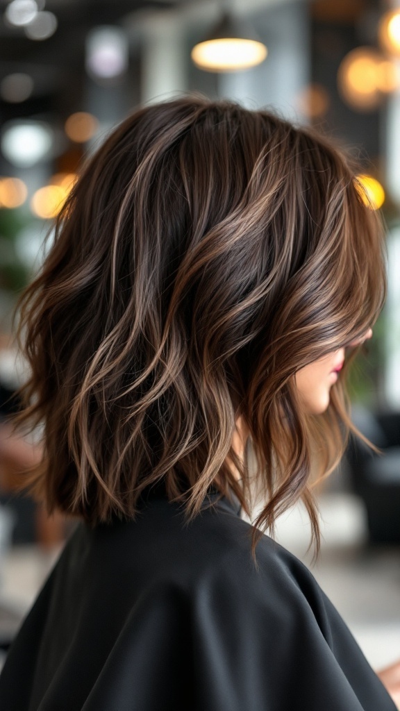 A close-up of a shaggy layered haircut showcasing soft waves and rich color tones.