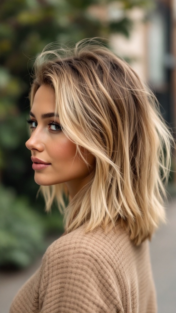 A woman with medium-length shaggy layered hair, looking stylish in a casual setting.