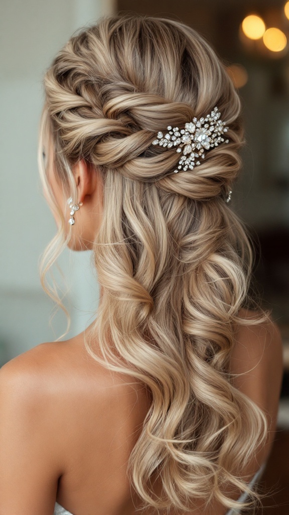 A woman with half up half down hairstyle featuring braids and a sparkling hair accessory.