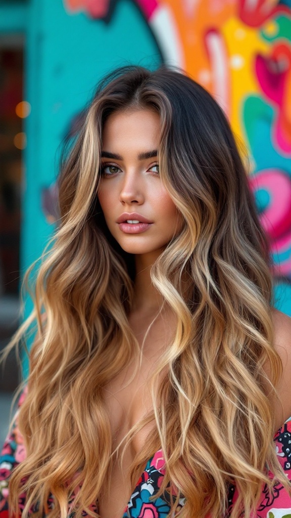 A woman with honey blonde layered hair against a colorful background.