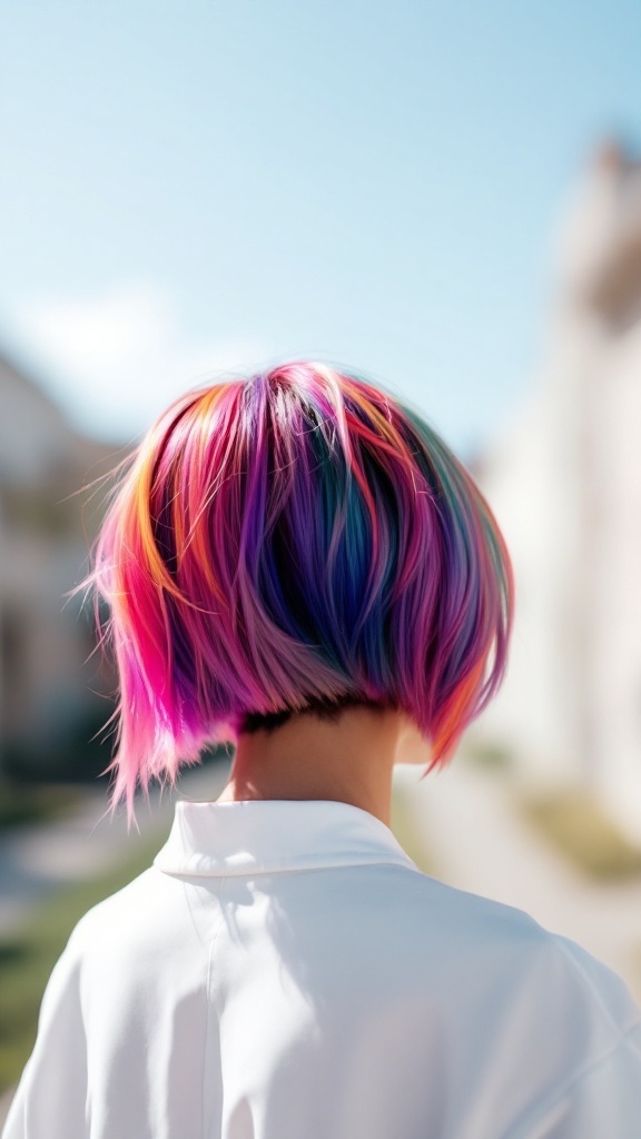A vibrant short shag hairstyle with bold highlights in pink, purple, and blue.