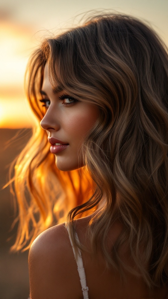 Woman with side-swept bangs and soft waves, illuminated by a sunset.