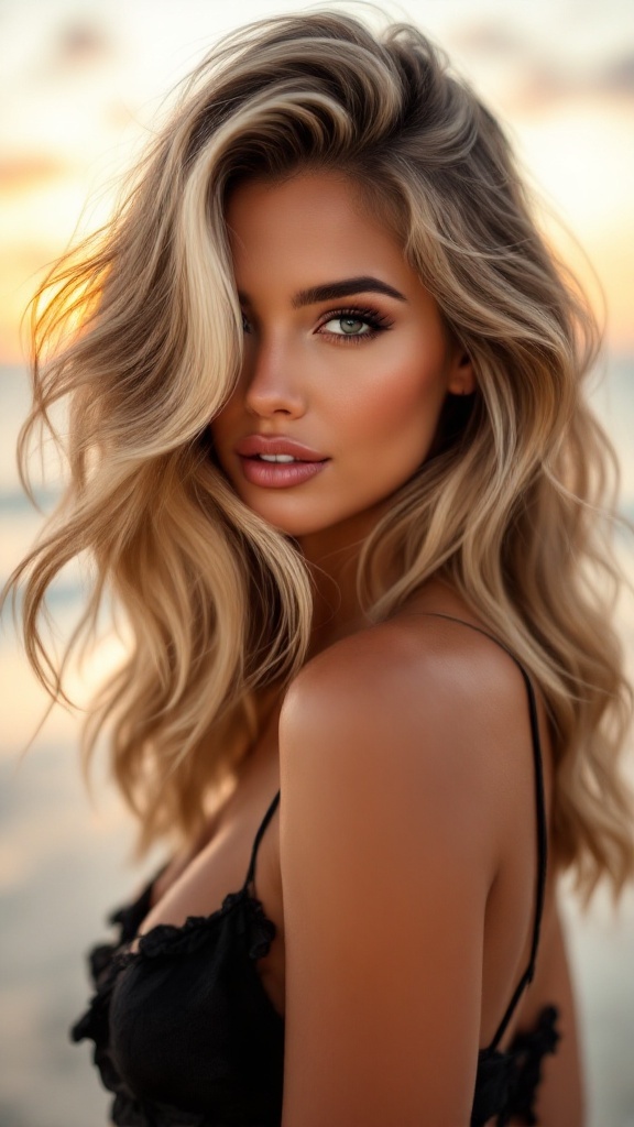 A woman with side-swept beach waves hairstyle, showcasing loose waves and sun-kissed highlights