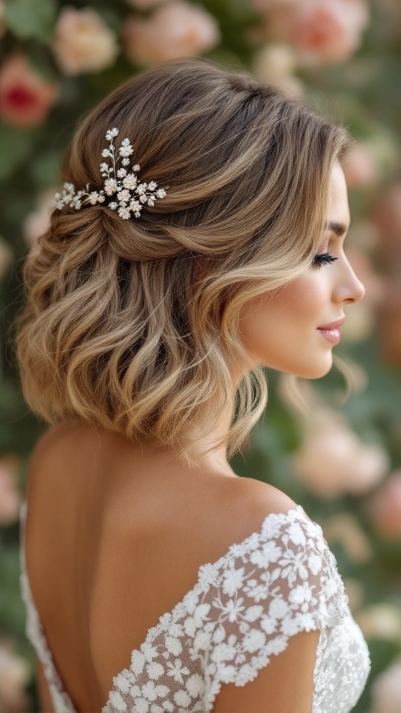 A bride with a side-swept bob hairstyle adorned with floral accessories, smiling with a soft background of roses.