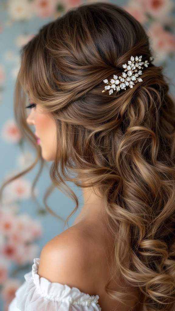 A bridesmaid hairstyle featuring side-swept curls adorned with a sparkling hairpiece.