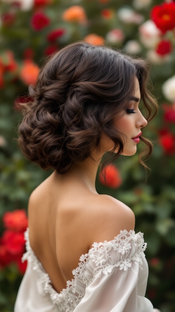 A woman with side-swept curls, showcasing a stylish short hairstyle amidst a backdrop of colorful flowers.
