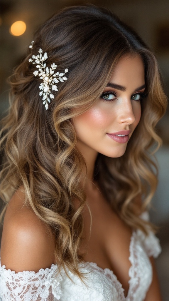Bride with side-swept curls and a decorative hair comb
