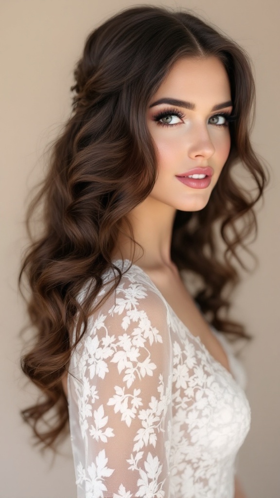 A model with side-swept curls wearing a bridal dress, showcasing a vintage hairstyle