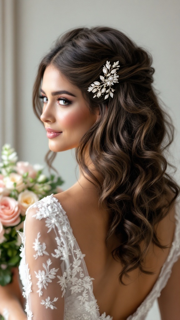 A bridesmaid with side-swept curls and a decorative hairpin, showcasing an elegant hairstyle.
