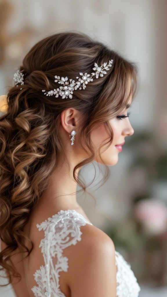 Bridesmaid hairstyle featuring side-swept curls adorned with sparkling accessories