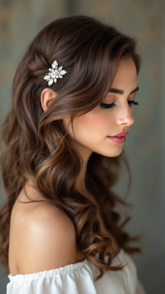 A woman with side-swept curls adorned with a sparkling clip, showcasing a stylish bridesmaid hairstyle.