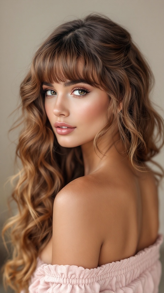 Model with side-swept curly bangs and cascading curls