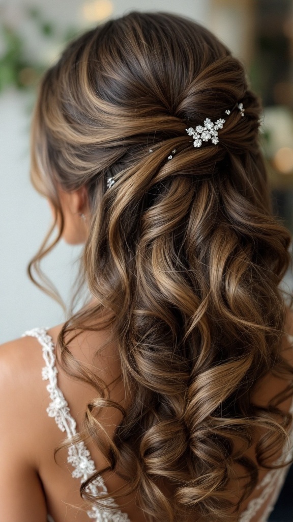 Side-swept curly wedding hairstyle with floral hair accessory
