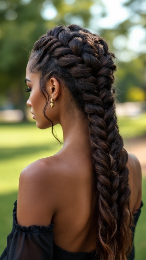 Woman with side-swept flat twists showcasing natural hairstyle in a park setting.