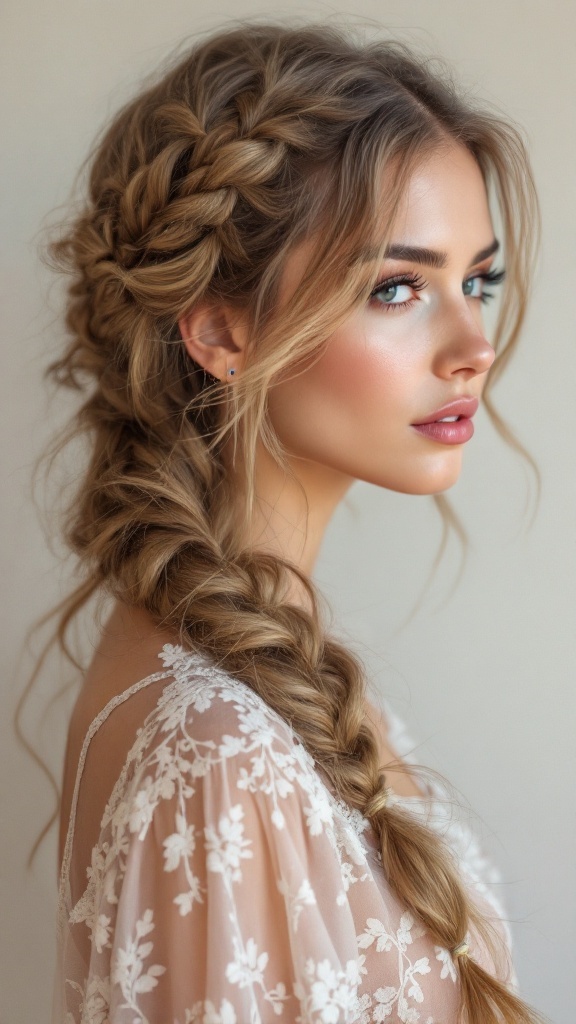 A woman with side-swept knotless braids, showcasing a stylish and elegant hairstyle.