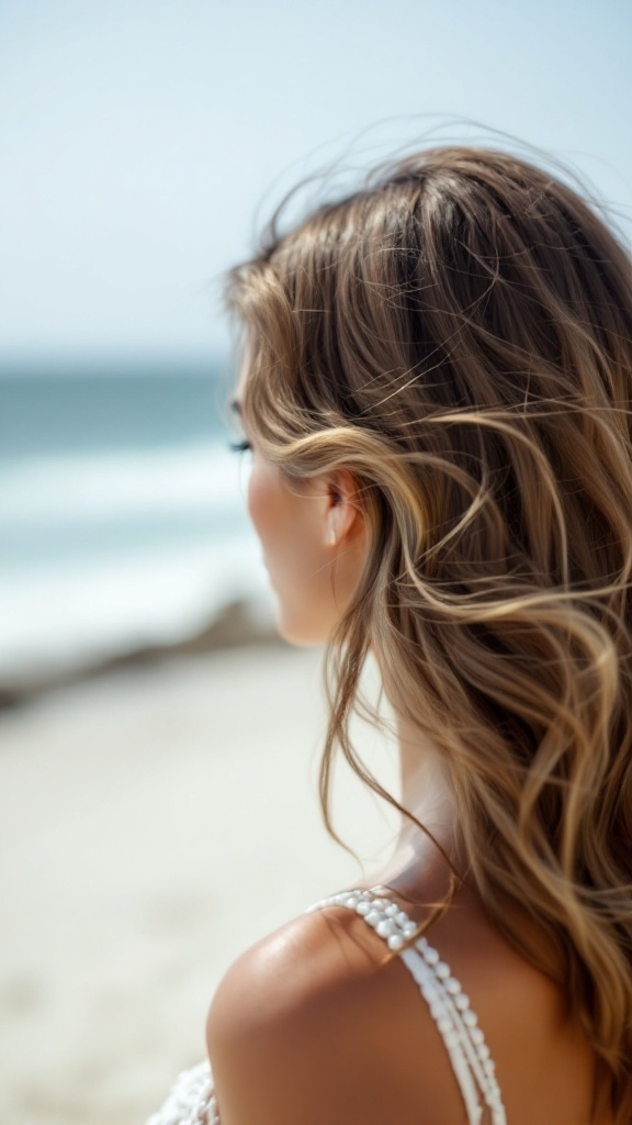 A woman with side-swept loose waves, standing by the beach