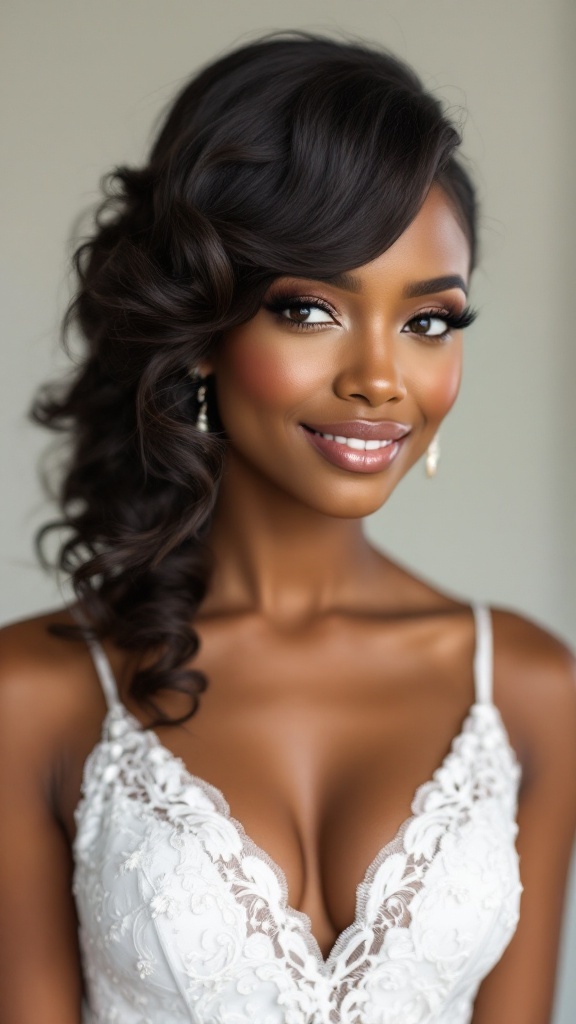 Bridesmaid with side-swept natural curls and elegant makeup